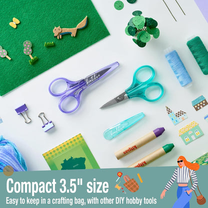 Detail Craft Scissors Set (2 pcs) Curved and Straight, Sharp, Compact | Sewing, Embroidery, Paper Cutting, Crafting | Stainless Steel | Protective Cover (Blue&Pink)