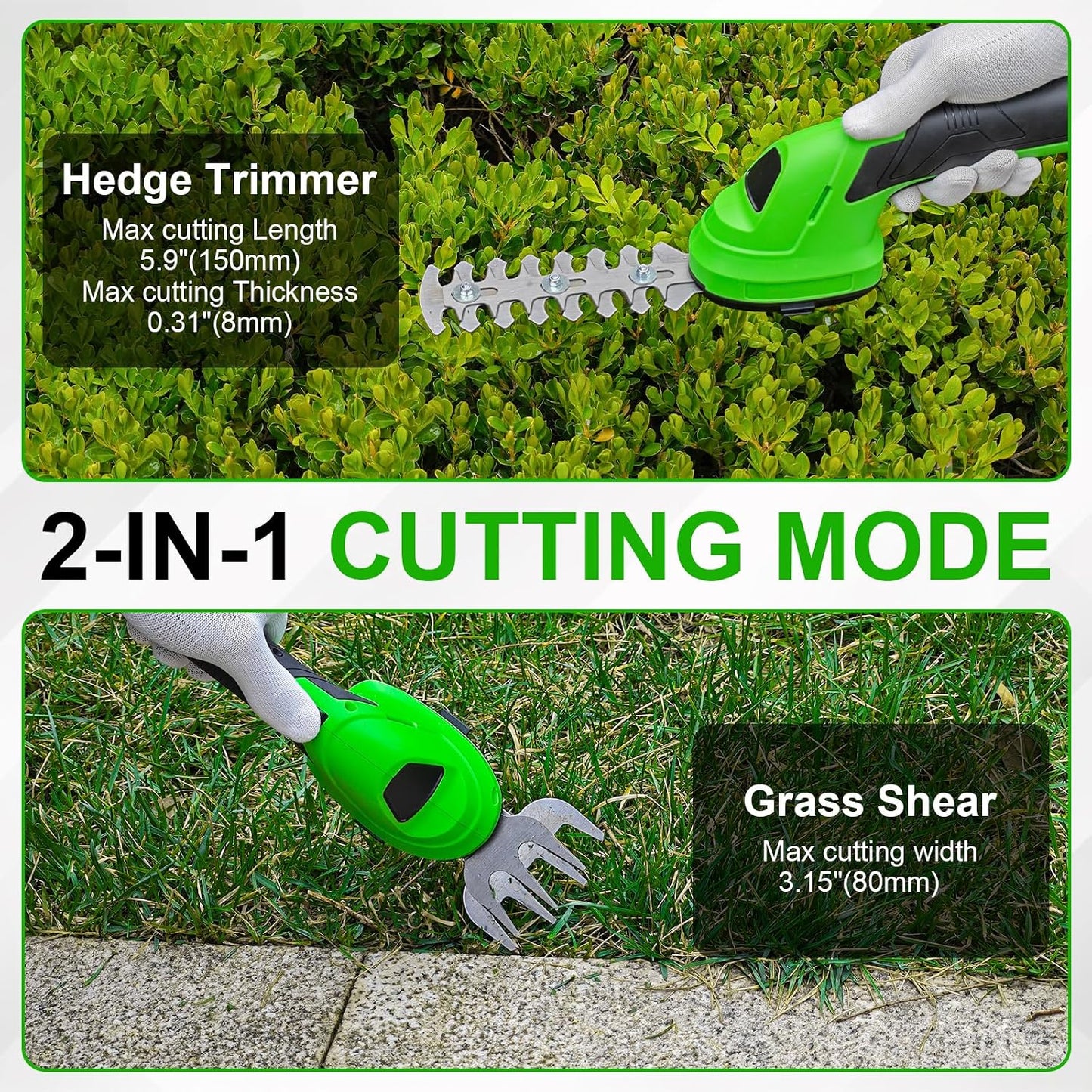 Cordless Grass Shear & Shrubbery Trimmer, 2-in-1 Handheld Hedge Trimmer, 7.2V Electric Grass Trimmer with USB Charger and 2.0Ah Battery, Lightweight & Portable Grass Shear for Garden Yard Lawn