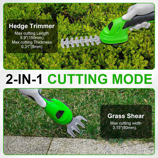Cordless Grass Shear & Shrubbery Trimmer, 2-in-1 Handheld Hedge Trimmer, 7.2V Electric Grass Trimmer with USB Charger and 2.0Ah Battery, Lightweight & Portable Grass Shear for Garden Yard Lawn