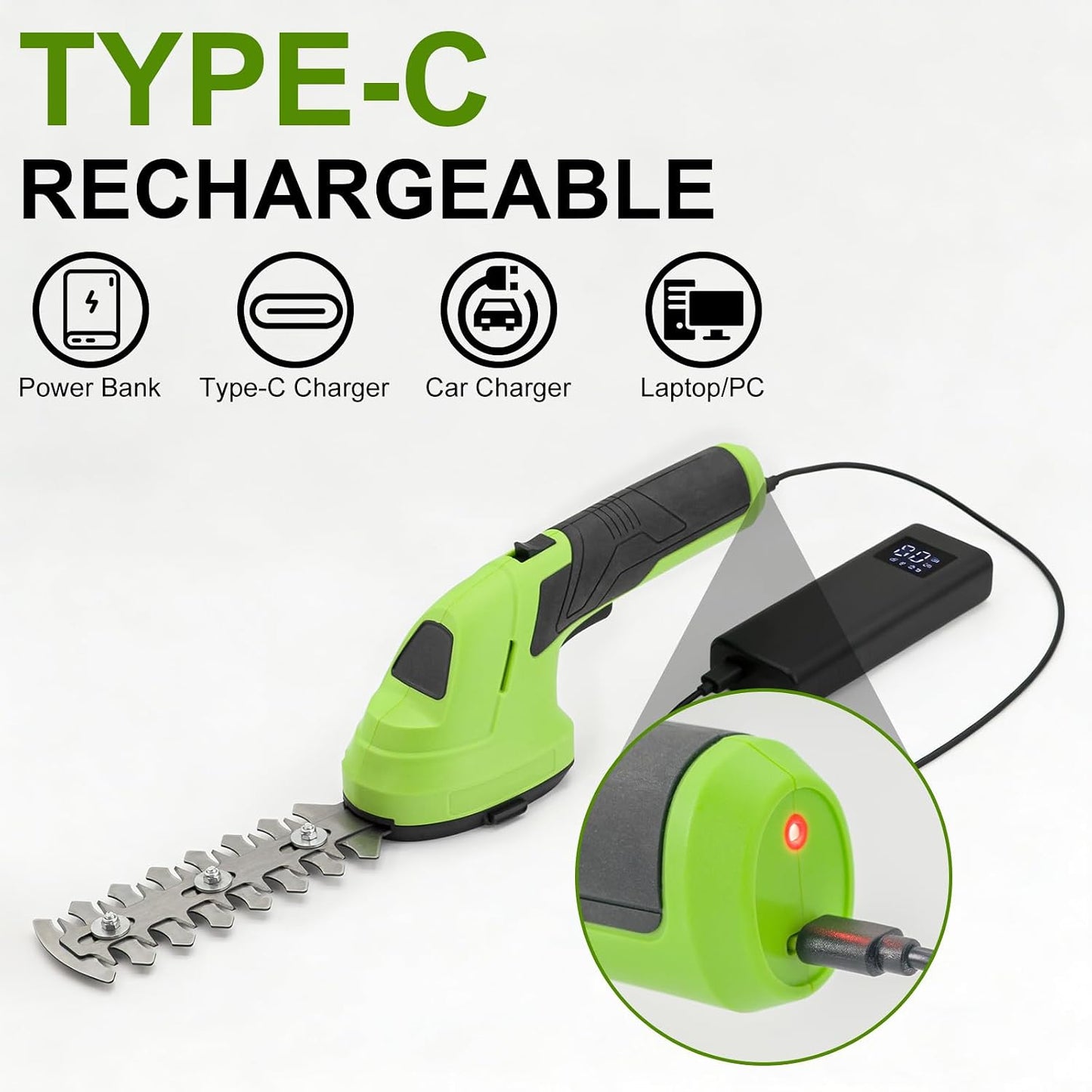 Cordless Grass Shear & Shrubbery Trimmer, 2-in-1 Handheld Hedge Trimmer, 7.2V Electric Grass Trimmer with USB Charger and 2.0Ah Battery, Lightweight & Portable Grass Shear for Garden Yard Lawn