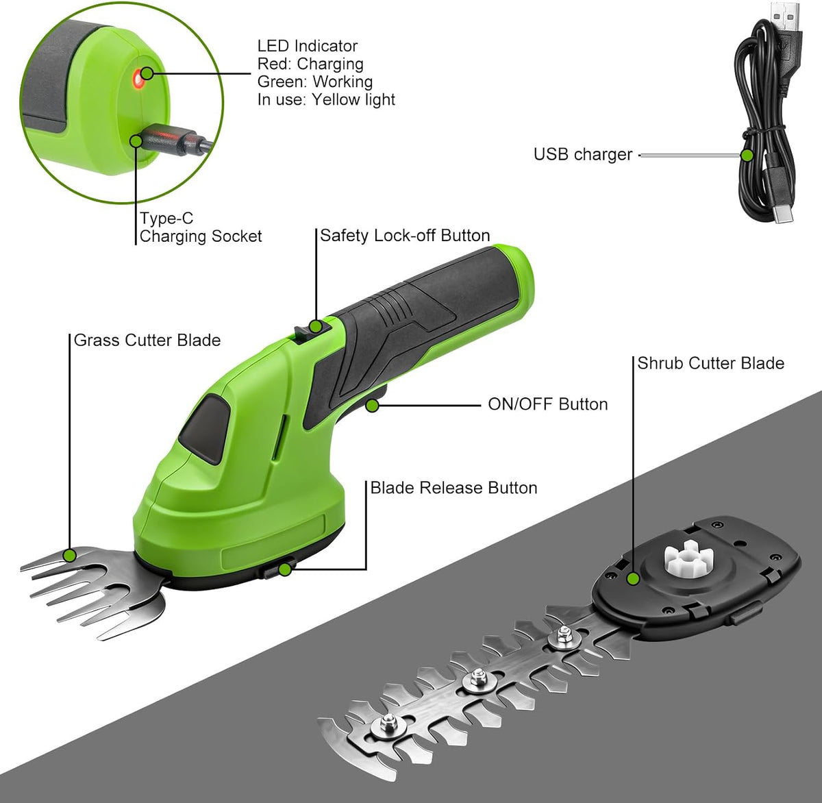 Cordless Grass Shear & Shrubbery Trimmer, 2-in-1 Handheld Hedge Trimmer, 7.2V Electric Grass Trimmer with USB Charger and 2.0Ah Battery, Lightweight & Portable Grass Shear for Garden Yard Lawn