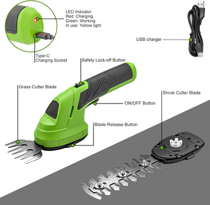 Cordless Grass Shear & Shrubbery Trimmer, 2-in-1 Handheld Hedge Trimmer, 7.2V Electric Grass Trimmer with USB Charger and 2.0Ah Battery, Lightweight & Portable Grass Shear for Garden Yard Lawn