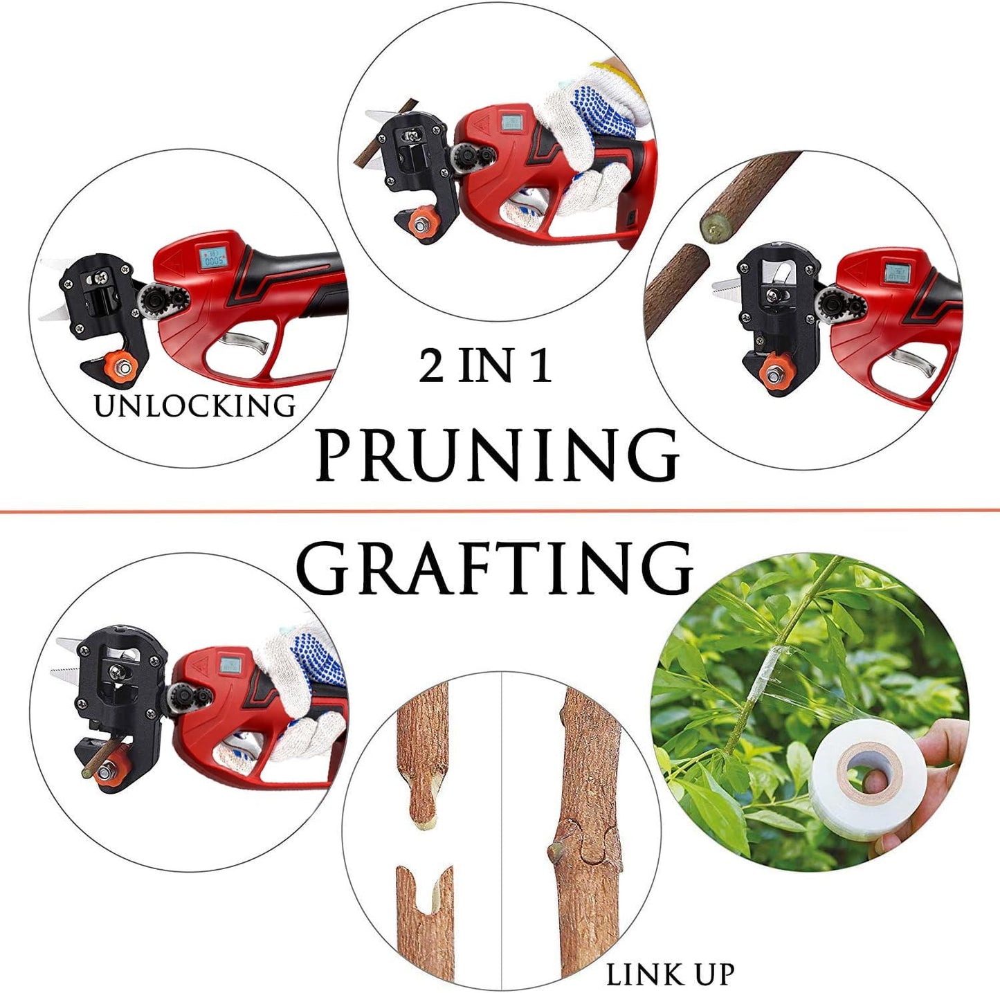 Electric Pruning Shears Cordless 2-in-1 Grafting Tool Kit, 3 Replaceable Cut Blades (Ω/U/V), 2×2000mAh Batteries, LCD Display Power Grafting Tool for Tree Branch Garden (shear)