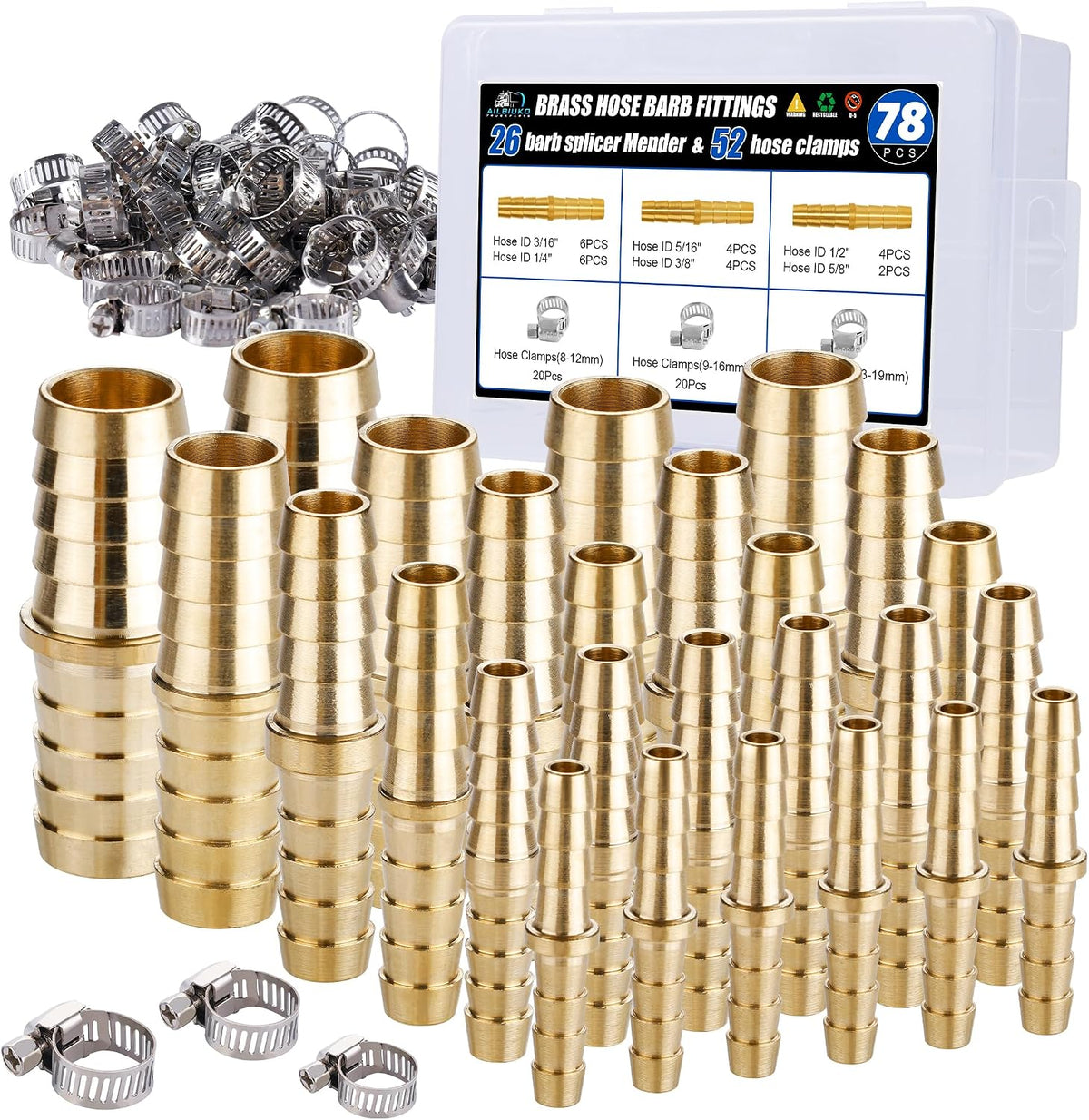 26PCS Brass Hose Barb Fittings Splicer Mender Kit with Pipe Clamp