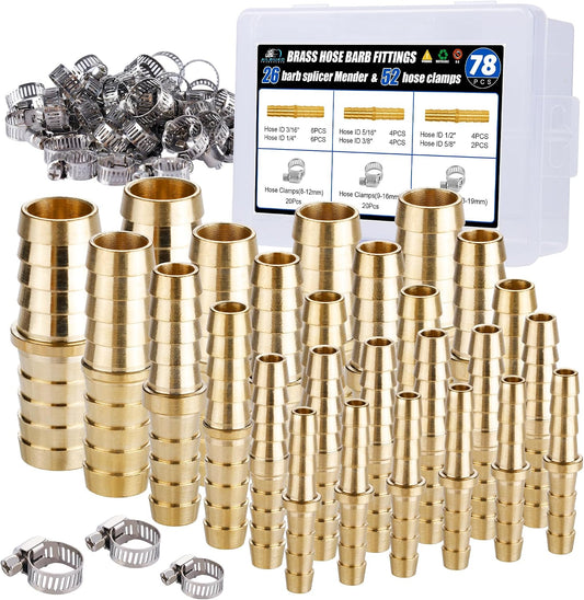 26PCS Brass Hose Barb Fittings Splicer Mender Kit with Pipe Clamp