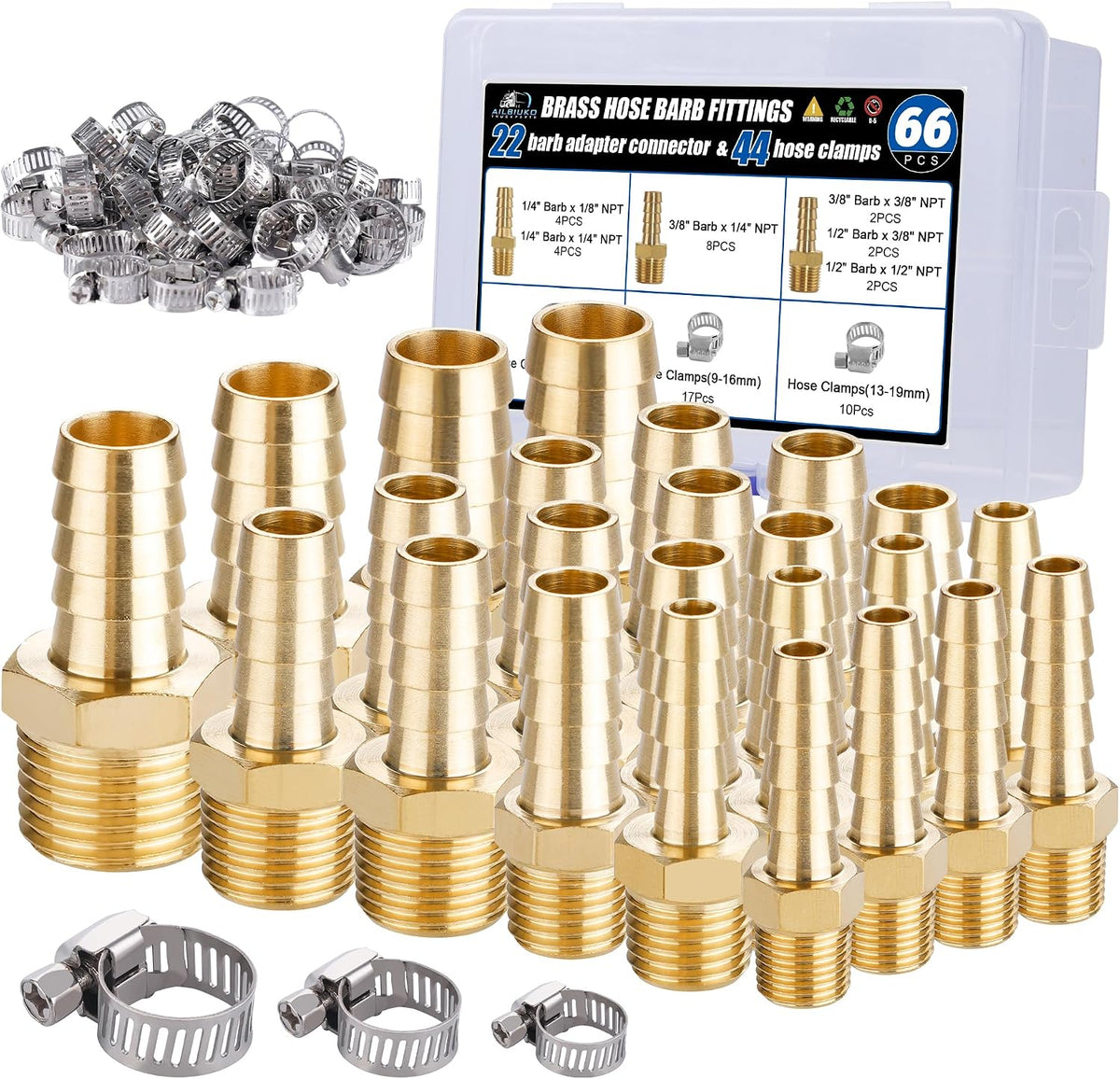 26PCS Brass Hose Barb Fittings Splicer Mender Kit with Pipe Clamp
