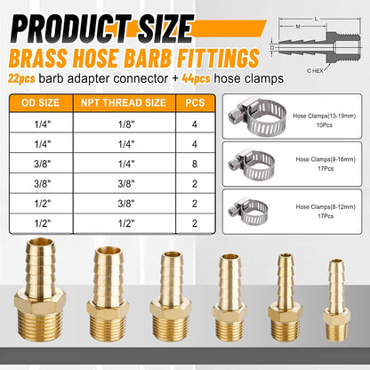 26PCS Brass Hose Barb Fittings Splicer Mender Kit with Pipe Clamp