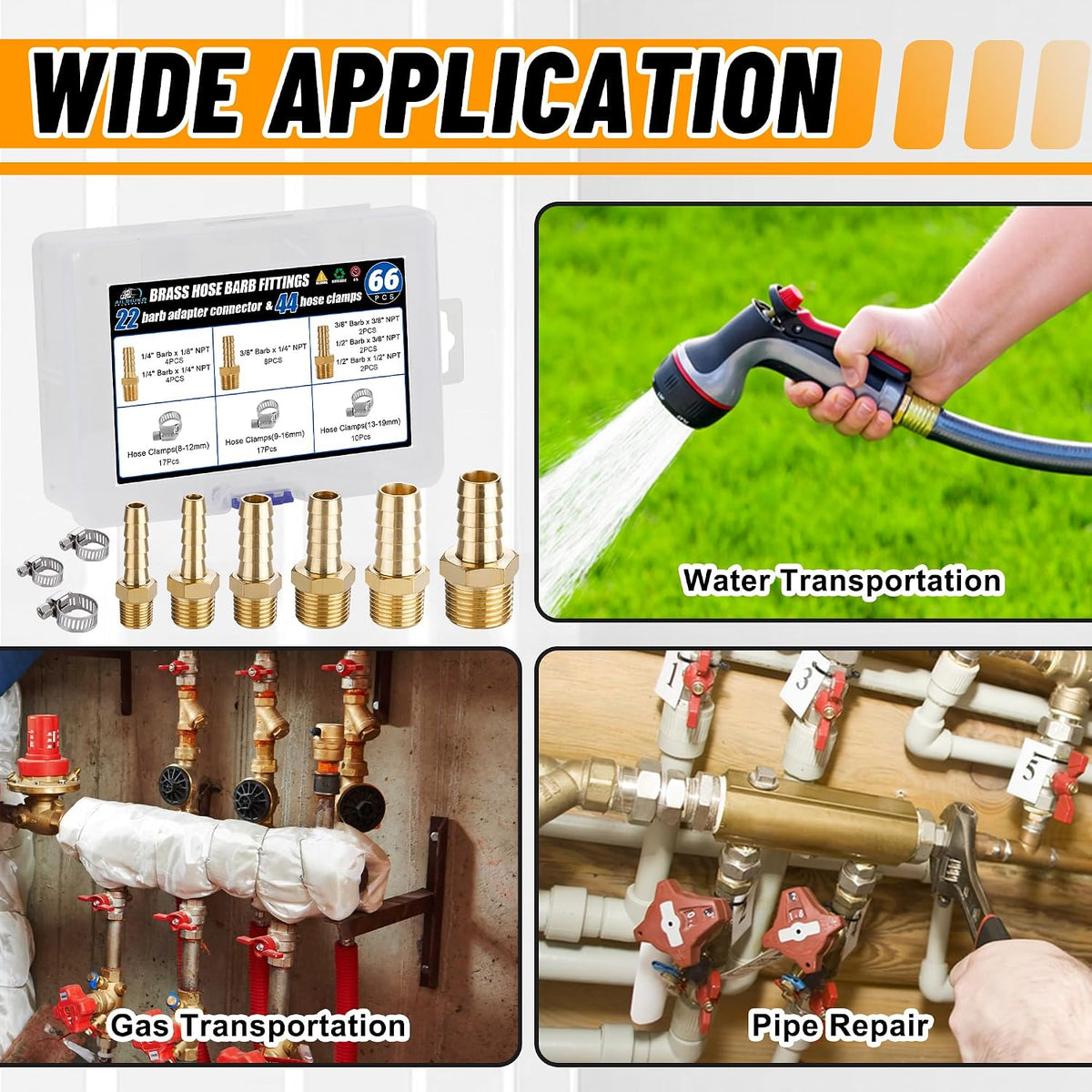 26PCS Brass Hose Barb Fittings Splicer Mender Kit with Pipe Clamp