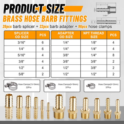 26PCS Brass Hose Barb Fittings Splicer Mender Kit with Pipe Clamp