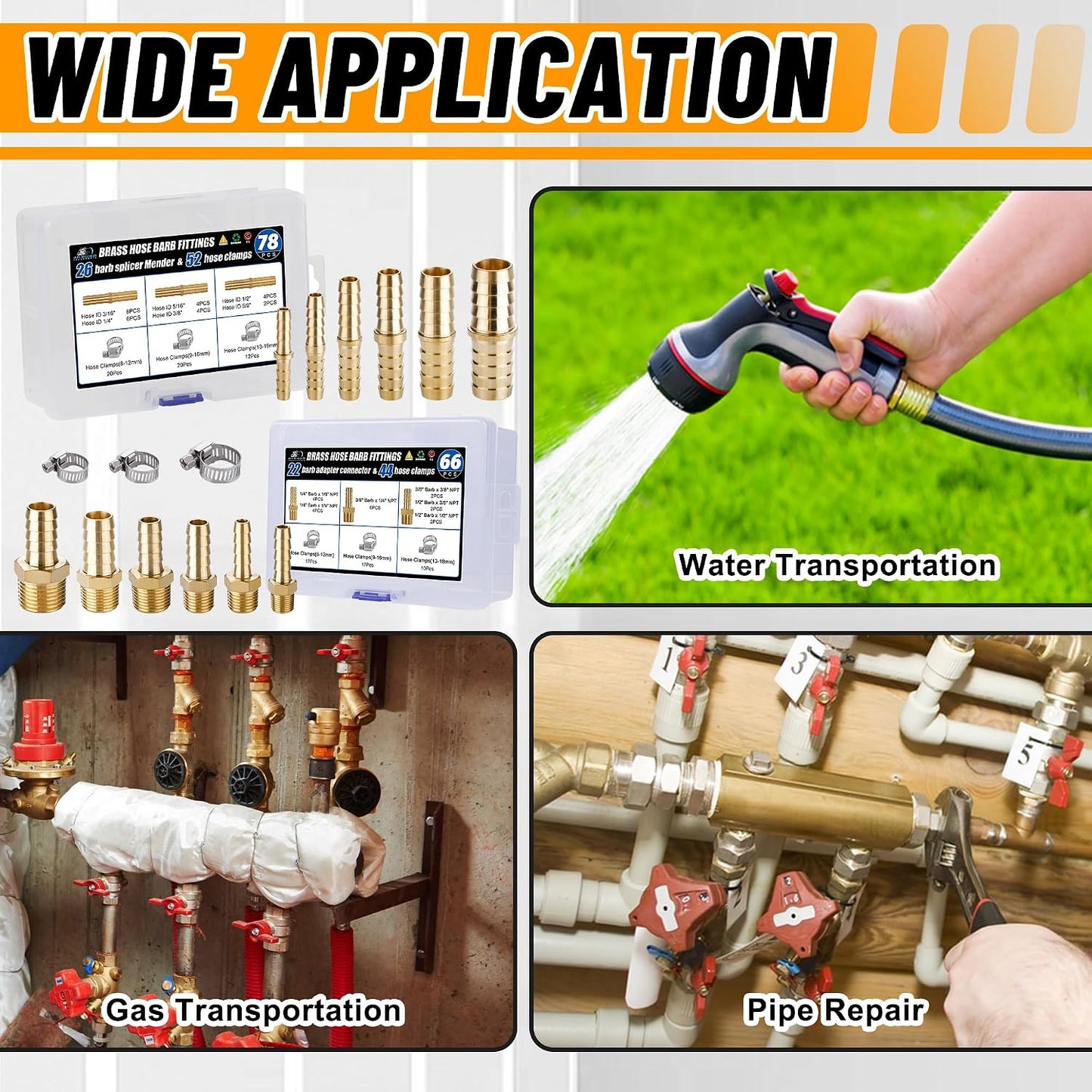 26PCS Brass Hose Barb Fittings Splicer Mender Kit with Pipe Clamp