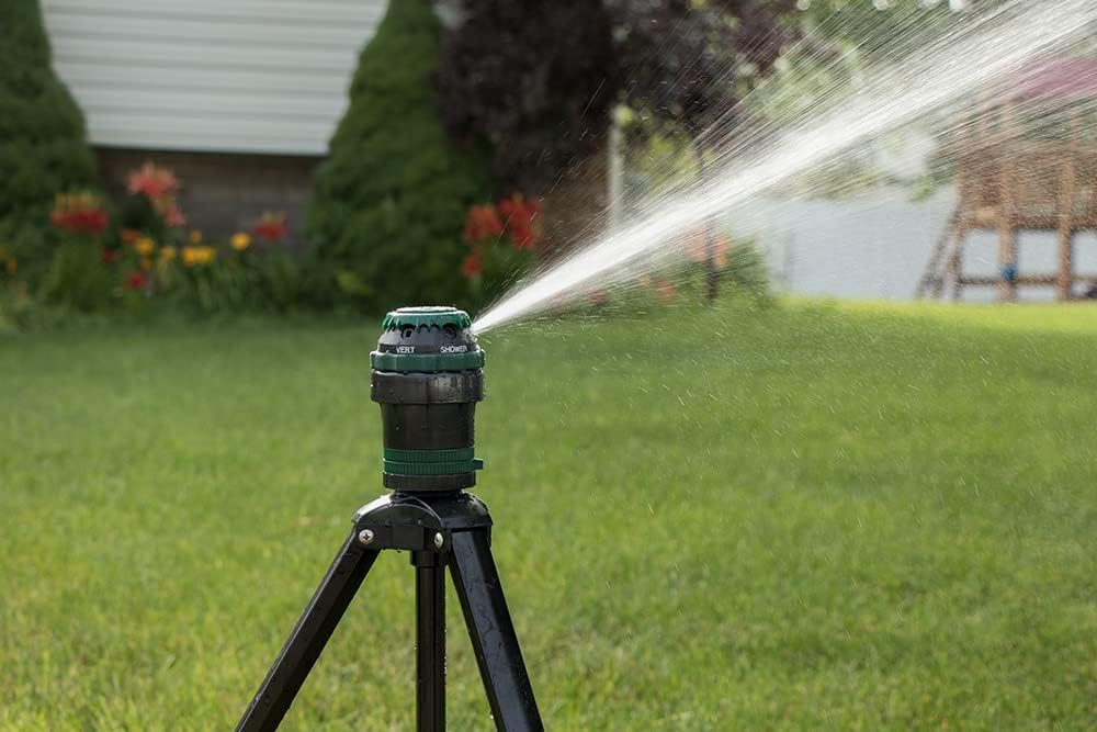 1-Pack H2O-Six Gear Drive Yard Sprinkler on Tripod, Green Lawn Watering