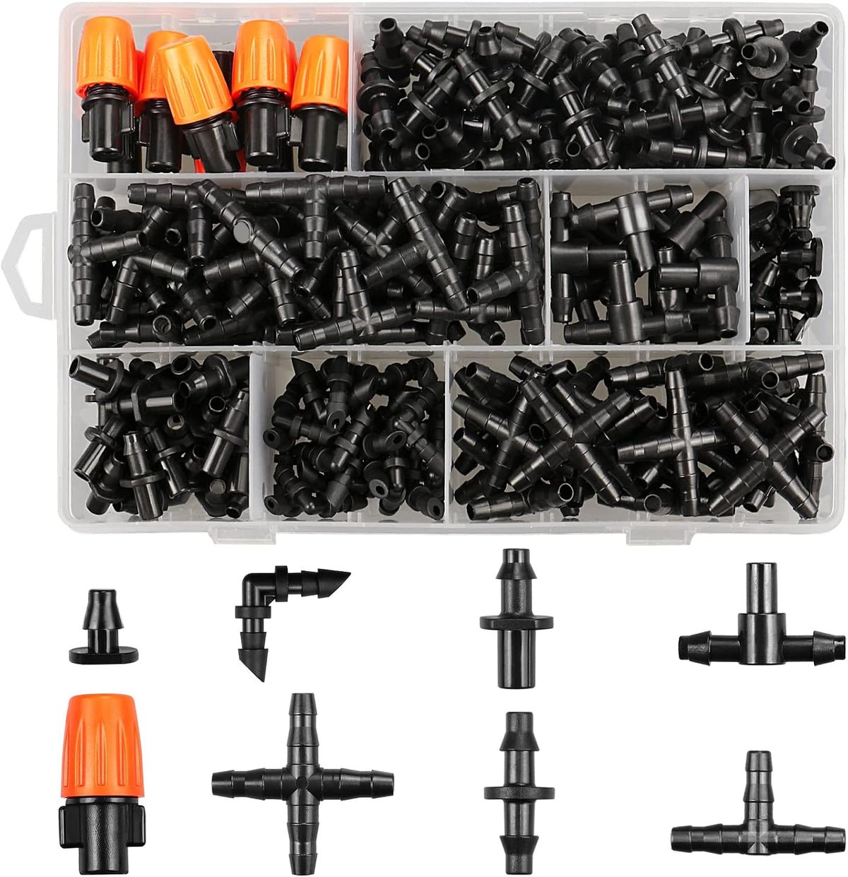 250 Pcs Drip Irrigation Fittings Kit for 1/4" Tubing： 1/4 Inch Drip Irrigation Barbed Connectors (Nozzles, Nozzle Tees, Single Barbs, Couplings, Tees, Elbows, Plugs, Crosses) for Garden Systems