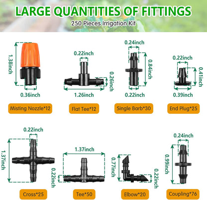 250 Pcs Drip Irrigation Fittings Kit for 1/4" Tubing： 1/4 Inch Drip Irrigation Barbed Connectors (Nozzles, Nozzle Tees, Single Barbs, Couplings, Tees, Elbows, Plugs, Crosses) for Garden Systems