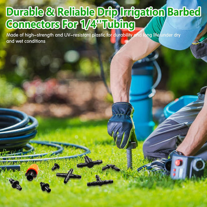 250 Pcs Drip Irrigation Fittings Kit for 1/4" Tubing： 1/4 Inch Drip Irrigation Barbed Connectors (Nozzles, Nozzle Tees, Single Barbs, Couplings, Tees, Elbows, Plugs, Crosses) for Garden Systems
