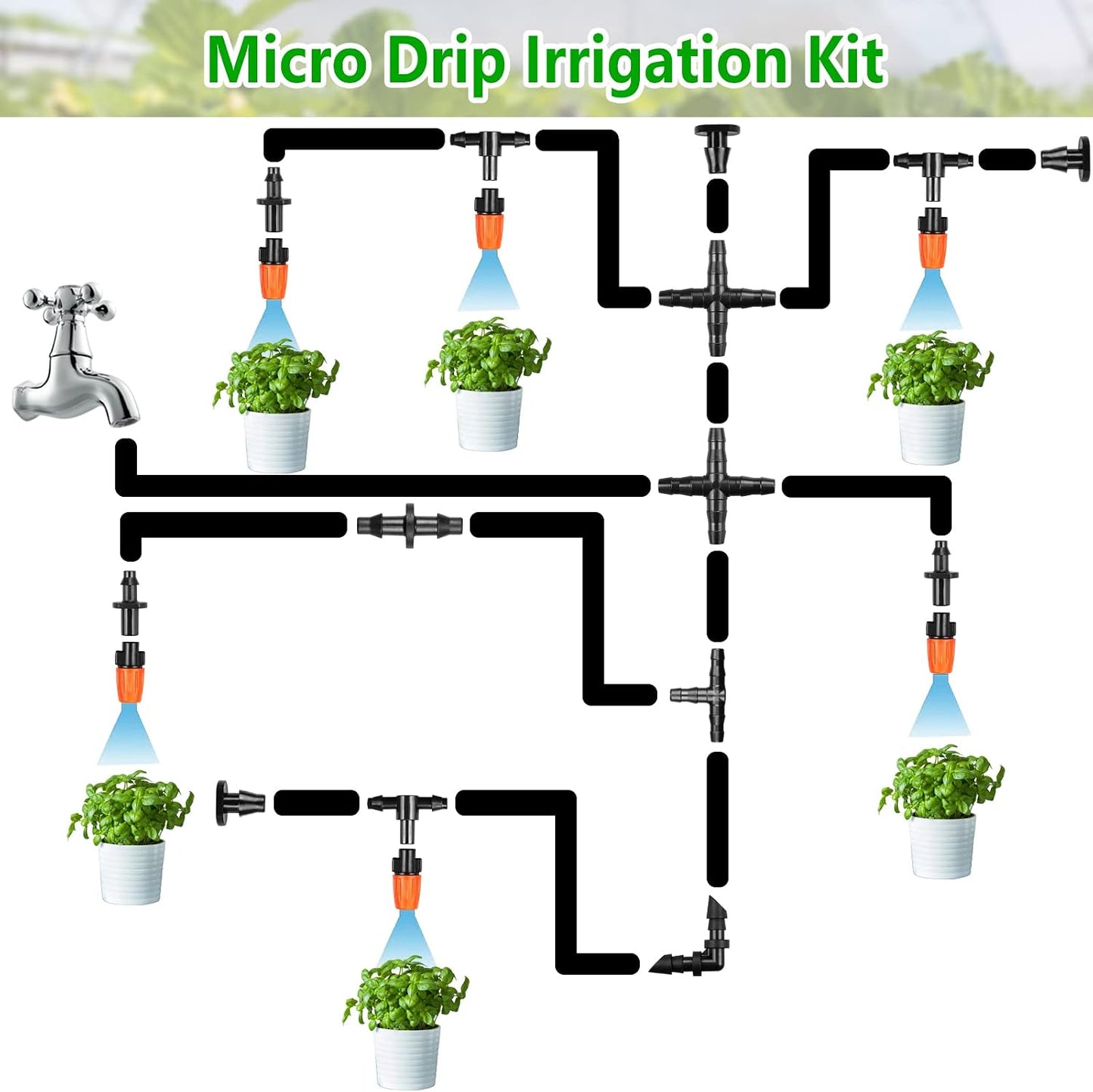 250 Pcs Drip Irrigation Fittings Kit for 1/4" Tubing： 1/4 Inch Drip Irrigation Barbed Connectors (Nozzles, Nozzle Tees, Single Barbs, Couplings, Tees, Elbows, Plugs, Crosses) for Garden Systems