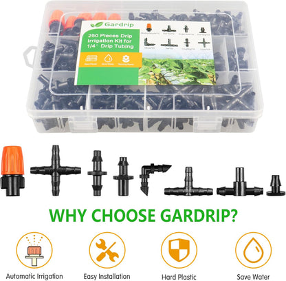 250 Pcs Drip Irrigation Fittings Kit for 1/4" Tubing： 1/4 Inch Drip Irrigation Barbed Connectors (Nozzles, Nozzle Tees, Single Barbs, Couplings, Tees, Elbows, Plugs, Crosses) for Garden Systems
