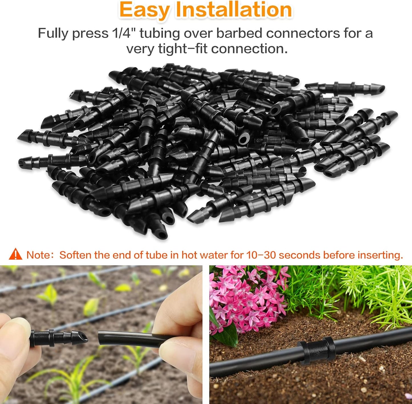 250 Pcs Drip Irrigation Fittings Kit for 1/4" Tubing： 1/4 Inch Drip Irrigation Barbed Connectors (Nozzles, Nozzle Tees, Single Barbs, Couplings, Tees, Elbows, Plugs, Crosses) for Garden Systems