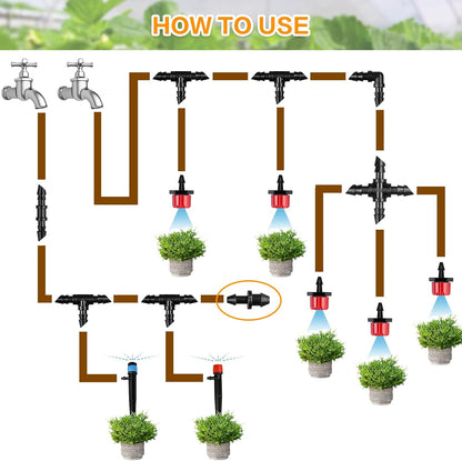 250 Pcs Drip Irrigation Fittings Kit for 1/4" Tubing： 1/4 Inch Drip Irrigation Barbed Connectors (Nozzles, Nozzle Tees, Single Barbs, Couplings, Tees, Elbows, Plugs, Crosses) for Garden Systems