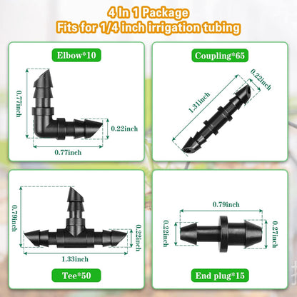250 Pcs Drip Irrigation Fittings Kit for 1/4" Tubing： 1/4 Inch Drip Irrigation Barbed Connectors (Nozzles, Nozzle Tees, Single Barbs, Couplings, Tees, Elbows, Plugs, Crosses) for Garden Systems
