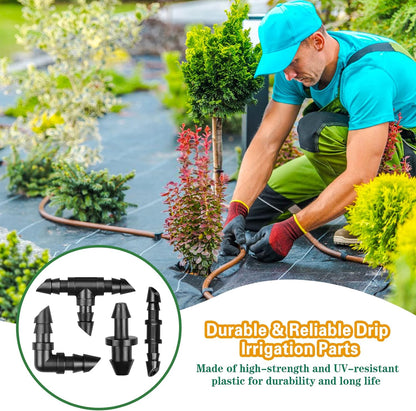 250 Pcs Drip Irrigation Fittings Kit for 1/4" Tubing： 1/4 Inch Drip Irrigation Barbed Connectors (Nozzles, Nozzle Tees, Single Barbs, Couplings, Tees, Elbows, Plugs, Crosses) for Garden Systems