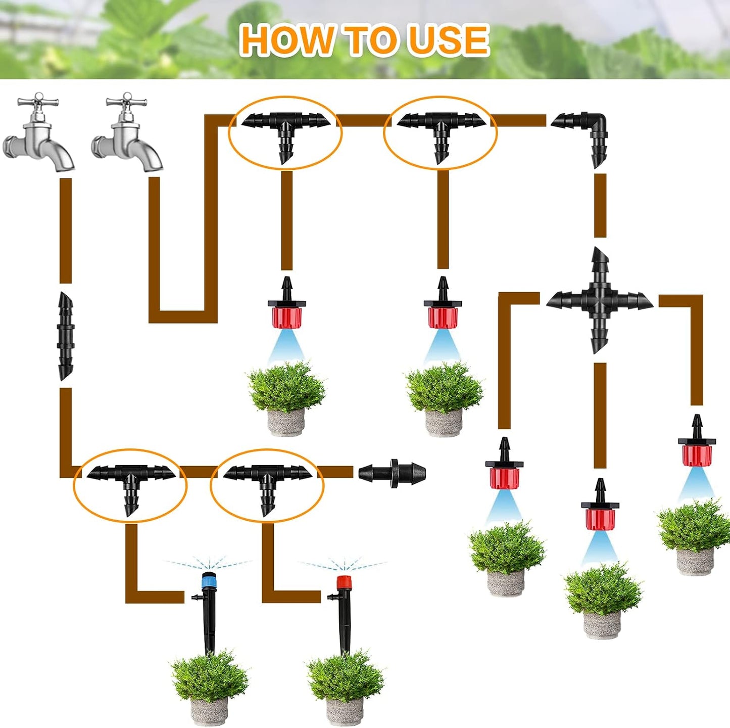 250 Pcs Drip Irrigation Fittings Kit for 1/4" Tubing： 1/4 Inch Drip Irrigation Barbed Connectors (Nozzles, Nozzle Tees, Single Barbs, Couplings, Tees, Elbows, Plugs, Crosses) for Garden Systems