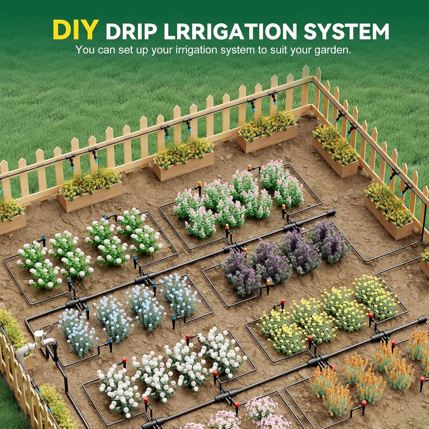 Drip Irrigation System for Garden, 2026-Upgraded Quick Connect Garden Watering Kit All-in-One with 1/2 inch 1/4 inch Irrigation Tubing for Garden, Lawn, Greenhouse, Raised Beds (233FT)