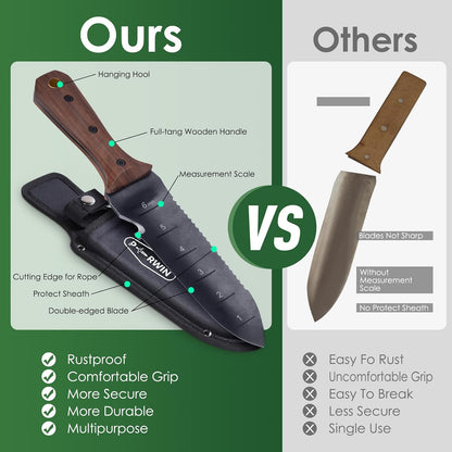 Hori Hori Garden Knife, Garden Tools with Sheath for Weeding, Planting, Digging, 7" Stainless Steel Blade with Cutting Edge, Full-Tang Wood Handle with Hanging Hole