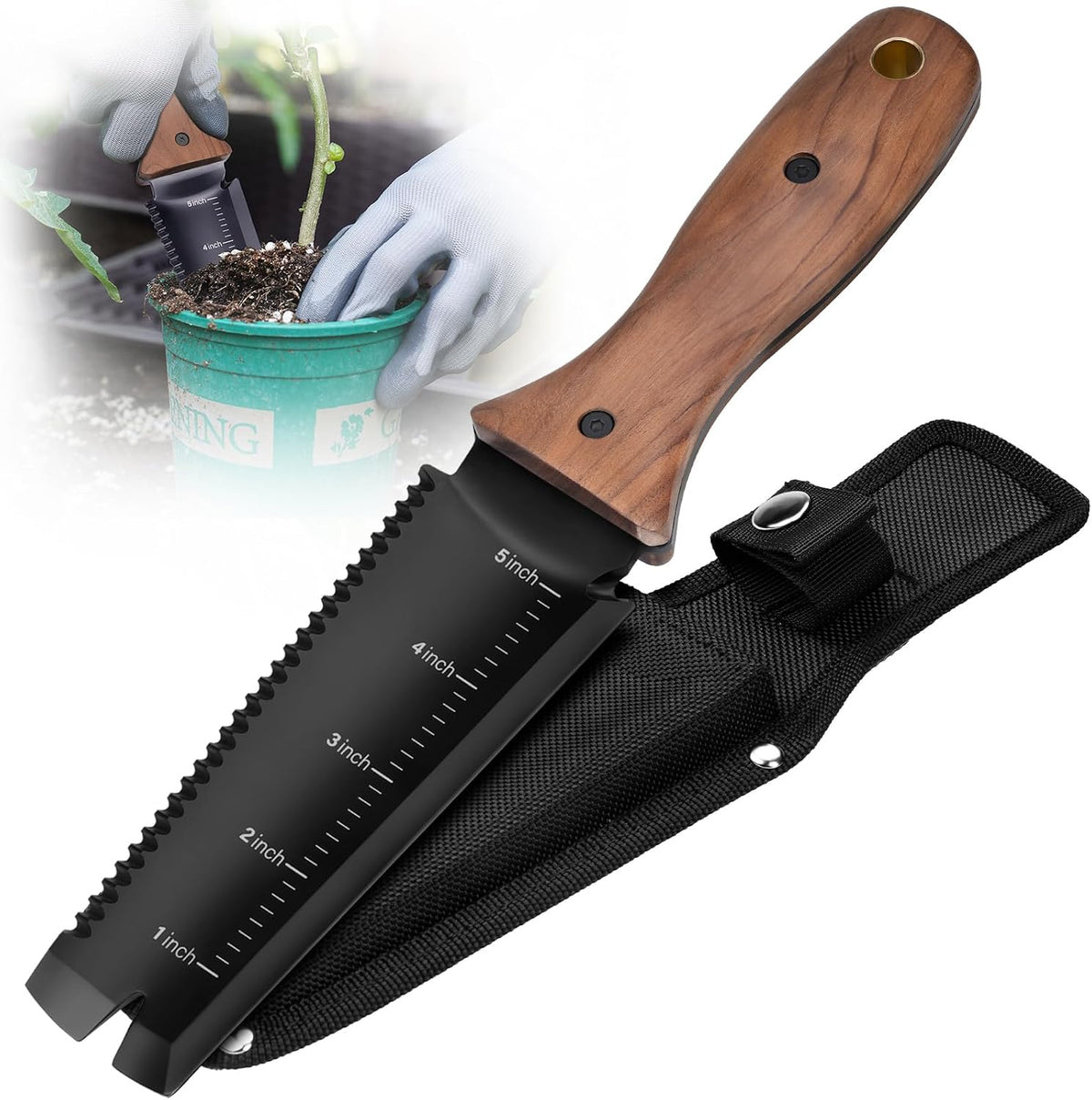 Hori Hori Garden Knife, Garden Tools with Sheath for Weeding, Planting, Digging, 7" Stainless Steel Blade with Cutting Edge, Full-Tang Wood Handle with Hanging Hole