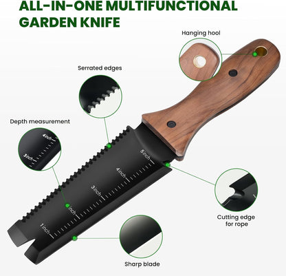 Hori Hori Garden Knife, Garden Tools with Sheath for Weeding, Planting, Digging, 7" Stainless Steel Blade with Cutting Edge, Full-Tang Wood Handle with Hanging Hole