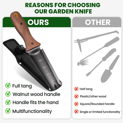 Hori Hori Garden Knife, Garden Tools with Sheath for Weeding, Planting, Digging, 7" Stainless Steel Blade with Cutting Edge, Full-Tang Wood Handle with Hanging Hole