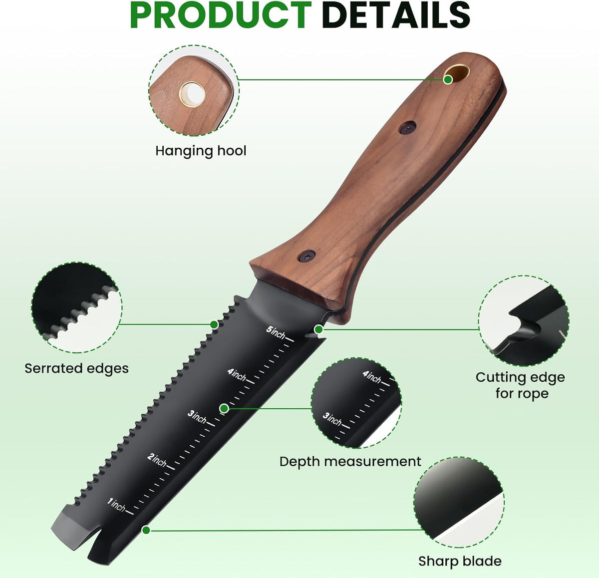 Hori Hori Garden Knife, Garden Tools with Sheath for Weeding, Planting, Digging, 7" Stainless Steel Blade with Cutting Edge, Full-Tang Wood Handle with Hanging Hole