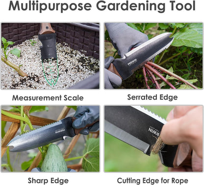 Hori Hori Garden Knife, Garden Tools with Sheath for Weeding, Planting, Digging, 7" Stainless Steel Blade with Cutting Edge, Full-Tang Wood Handle with Hanging Hole