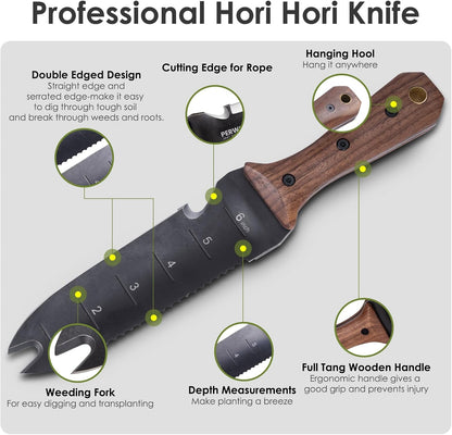 Hori Hori Garden Knife, Garden Tools with Sheath for Weeding, Planting, Digging, 7" Stainless Steel Blade with Cutting Edge, Full-Tang Wood Handle with Hanging Hole