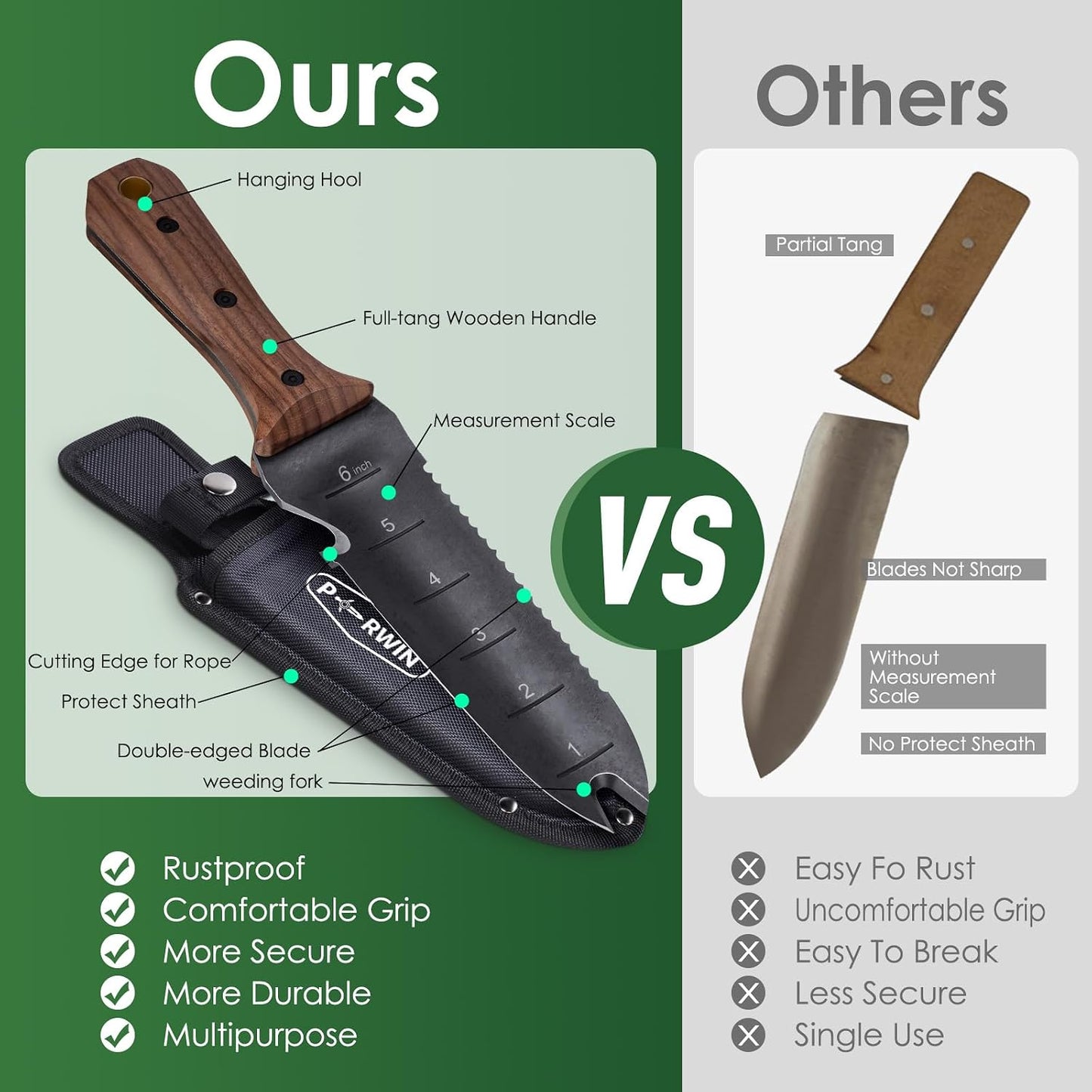 Hori Hori Garden Knife, Garden Tools with Sheath for Weeding, Planting, Digging, 7" Stainless Steel Blade with Cutting Edge, Full-Tang Wood Handle with Hanging Hole