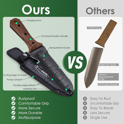 Hori Hori Garden Knife, Garden Tools with Sheath for Weeding, Planting, Digging, 7" Stainless Steel Blade with Cutting Edge, Full-Tang Wood Handle with Hanging Hole