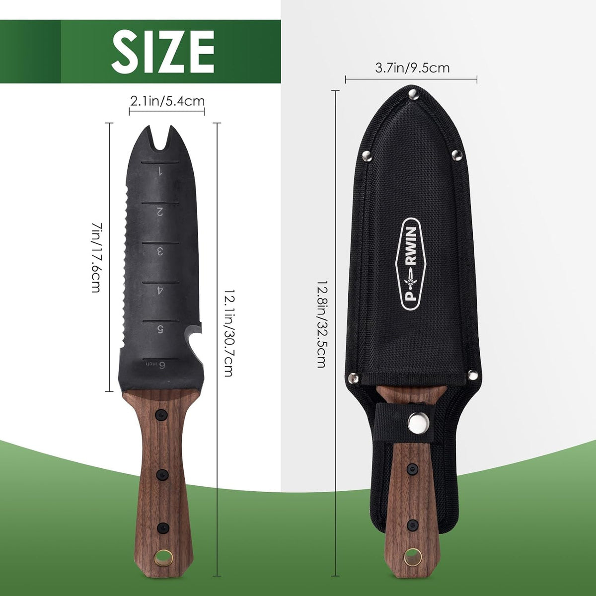Hori Hori Garden Knife, Garden Tools with Sheath for Weeding, Planting, Digging, 7" Stainless Steel Blade with Cutting Edge, Full-Tang Wood Handle with Hanging Hole