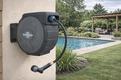 TW-30B 100ft Retractable Hose Reel 5/8 | Automatic Retractable w/Wall Mount | Easy to Assemble Reel w/Flexible Swivel Mount (100 5/8)