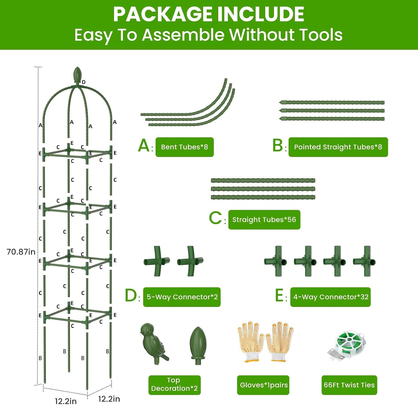 2 Pack Garden Obelisk Trellis for Climbing Plants, 71" Rustproof Metal Tower Plant Support Cages, Rose Trellis for Tomato Potted Flowers Vegetables Vines, Indoor Outdoor Garden Patio