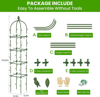 2 Pack Garden Obelisk Trellis for Climbing Plants, 71" Rustproof Metal Tower Plant Support Cages, Rose Trellis for Tomato Potted Flowers Vegetables Vines, Indoor Outdoor Garden Patio