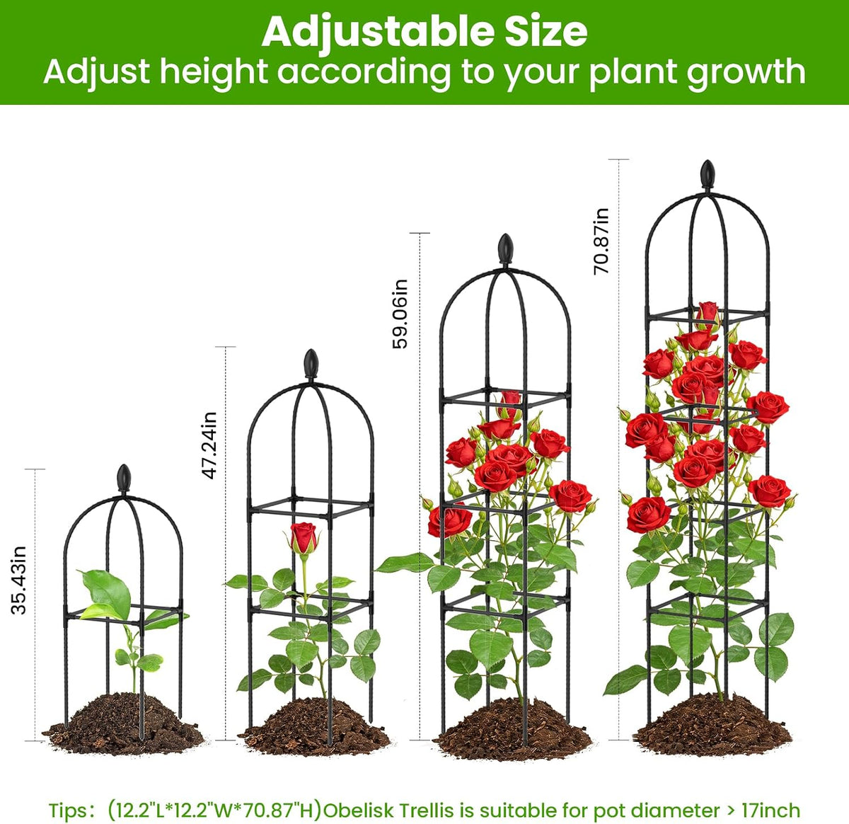 2 Pack Garden Obelisk Trellis for Climbing Plants, 71" Rustproof Metal Tower Plant Support Cages, Rose Trellis for Tomato Potted Flowers Vegetables Vines, Indoor Outdoor Garden Patio