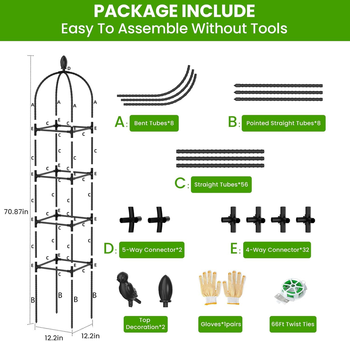 2 Pack Garden Obelisk Trellis for Climbing Plants, 71" Rustproof Metal Tower Plant Support Cages, Rose Trellis for Tomato Potted Flowers Vegetables Vines, Indoor Outdoor Garden Patio