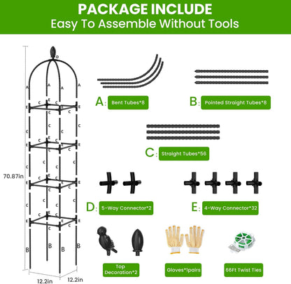 2 Pack Garden Obelisk Trellis for Climbing Plants, 71" Rustproof Metal Tower Plant Support Cages, Rose Trellis for Tomato Potted Flowers Vegetables Vines, Indoor Outdoor Garden Patio