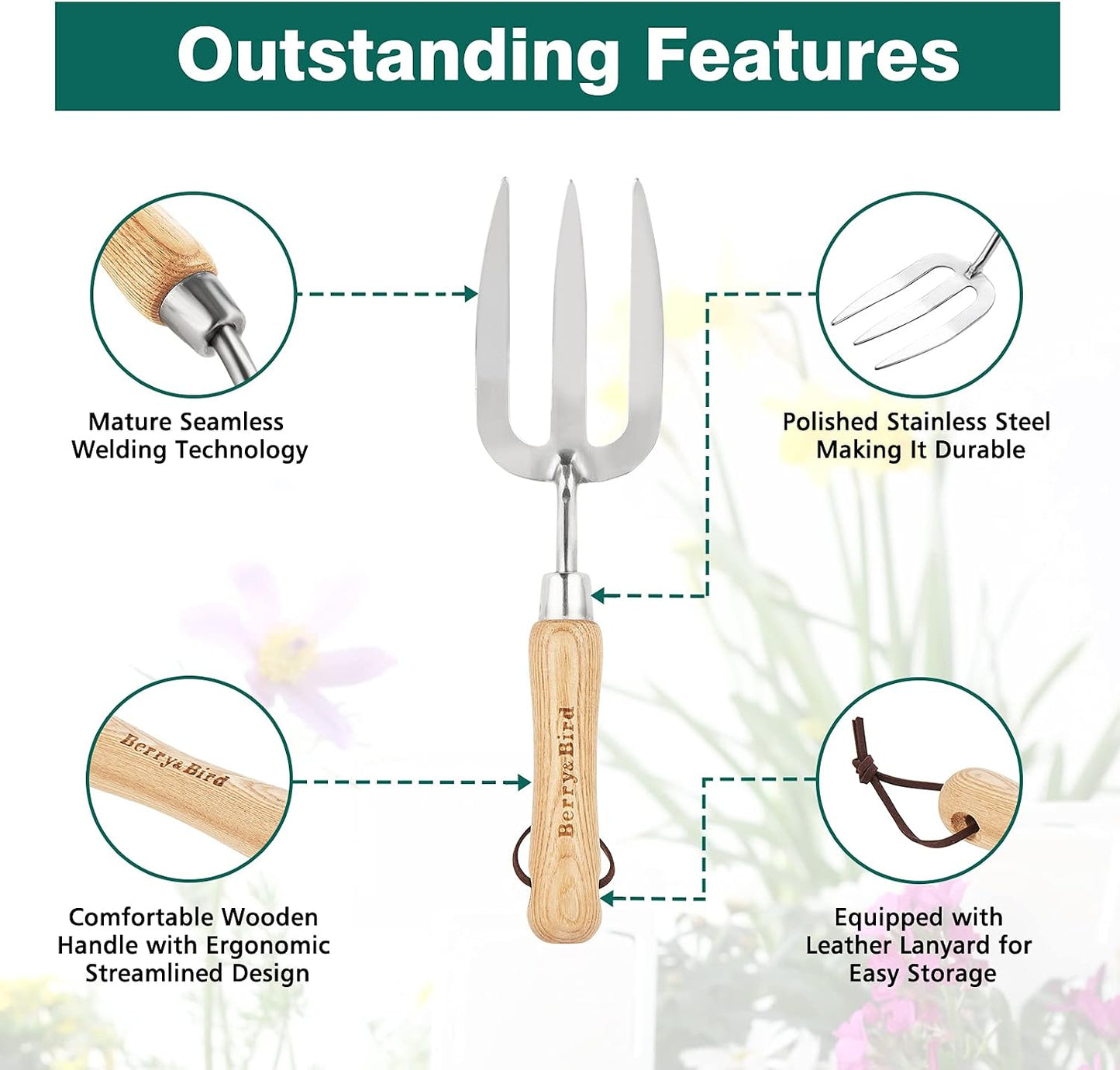 Garden Hand Fork, 22.6 In Long Handle Stainless Steel Weed Fork