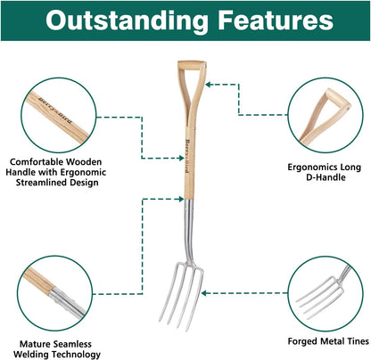 Garden Hand Fork, 22.6 In Long Handle Stainless Steel Weed Fork