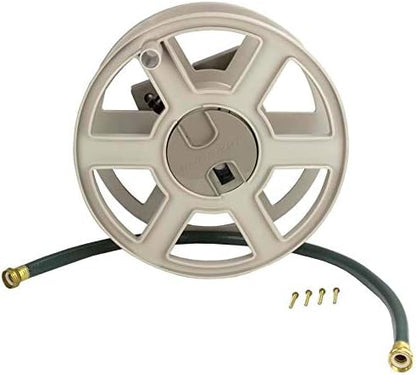 Suncast 100 ft Garden Hose Holder Wall Mount, Taupe Heavy-Duty Wall Mounted Water Hose Reel for Outside Use, Manually Retractable Sidewinder, Open Space-Saving Storage, Made in the USA