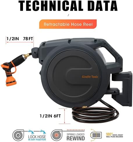 Giraffe 2 Way Hose Splitter with Garden Hose Reel Retractable 1/2" 78ft Heavy Duty Heavy Duty 9 Pattern Hose Nozzle Any Length Lock