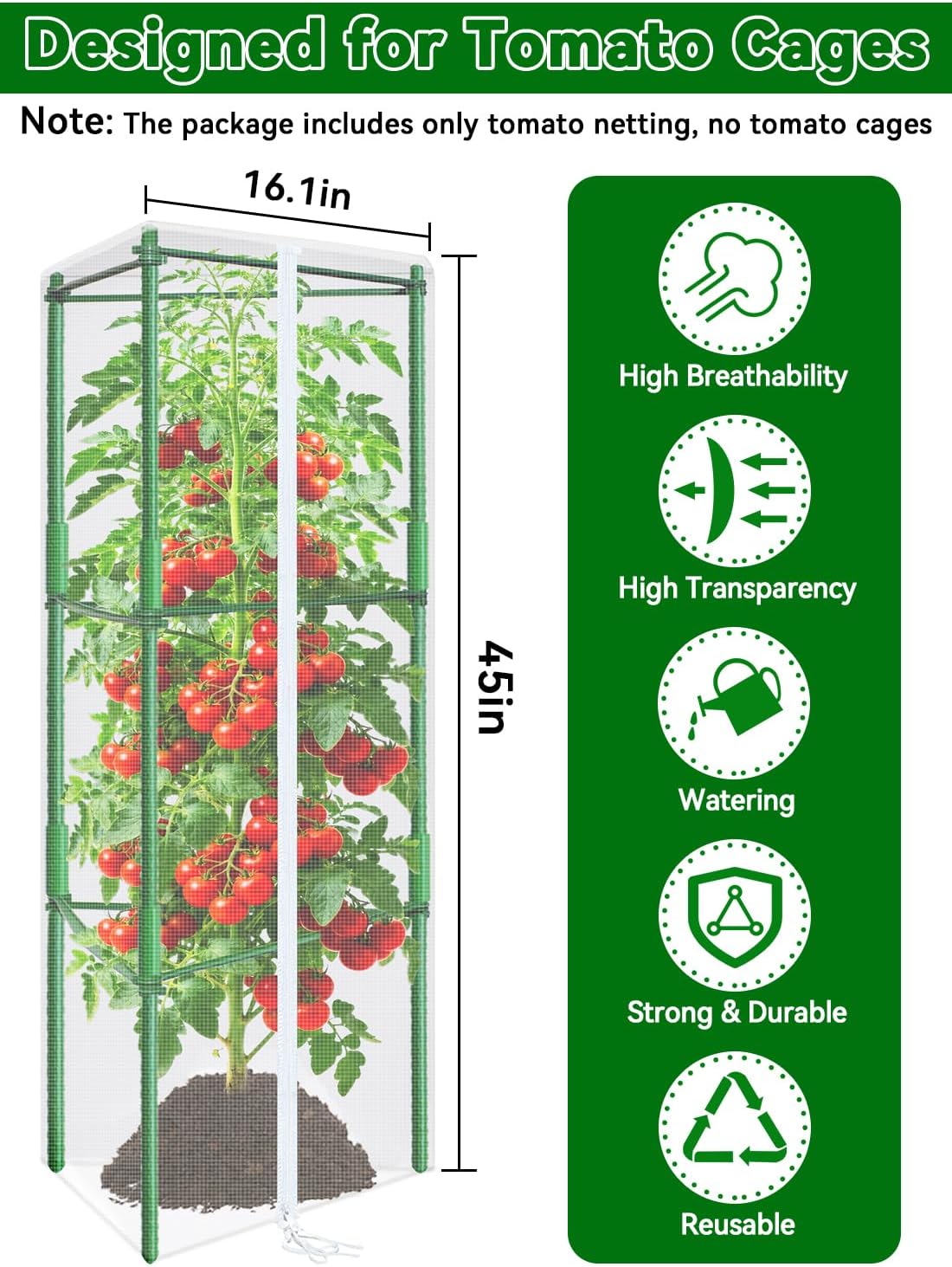 61x16.1 in Garden Tomato Plant Cover Netting for Tomato Cage