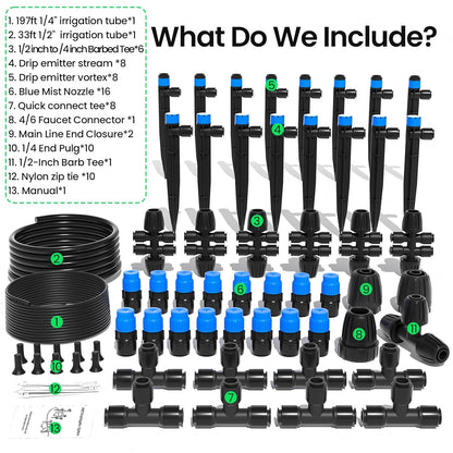 230FT Quick-Connect Drip Irrigation System Kit, Automatic Garden Watering System with 1/4" & 1/2" Fast-Lock Tubing - Adjustable Nozzles & Sprinklers for Garden, Greenhouse, Lawn, Potted Plants