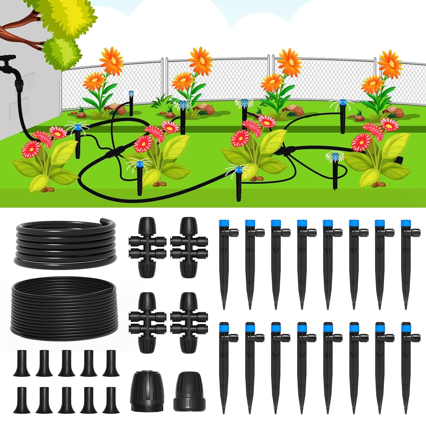 230FT Quick-Connect Drip Irrigation System Kit, Automatic Garden Watering System with 1/4" & 1/2" Fast-Lock Tubing - Adjustable Nozzles & Sprinklers for Garden, Greenhouse, Lawn, Potted Plants