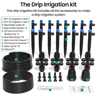 230FT Quick-Connect Drip Irrigation System Kit, Automatic Garden Watering System with 1/4" & 1/2" Fast-Lock Tubing - Adjustable Nozzles & Sprinklers for Garden, Greenhouse, Lawn, Potted Plants